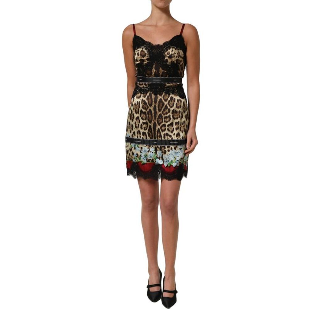 Dolce & Gabbana Multicolor Floral Leopard Silk Lace Trim Mini Women's Dress
